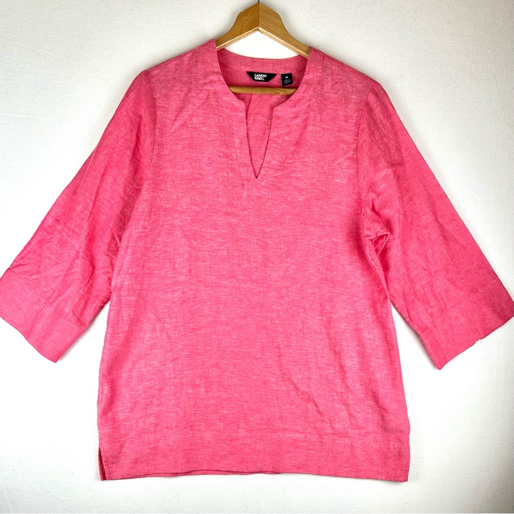 Lands End Split Neck 3/4 Sleeve Tunic Linen Blend Shirt Resort Beach